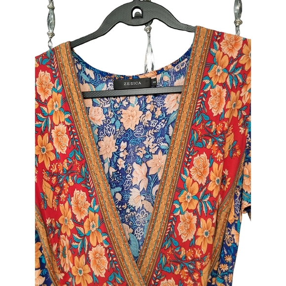 Vibrant Floral V-Neck Maxi Dress in Blue and Orange. Floral And Bohemian - Picture 2 of 9